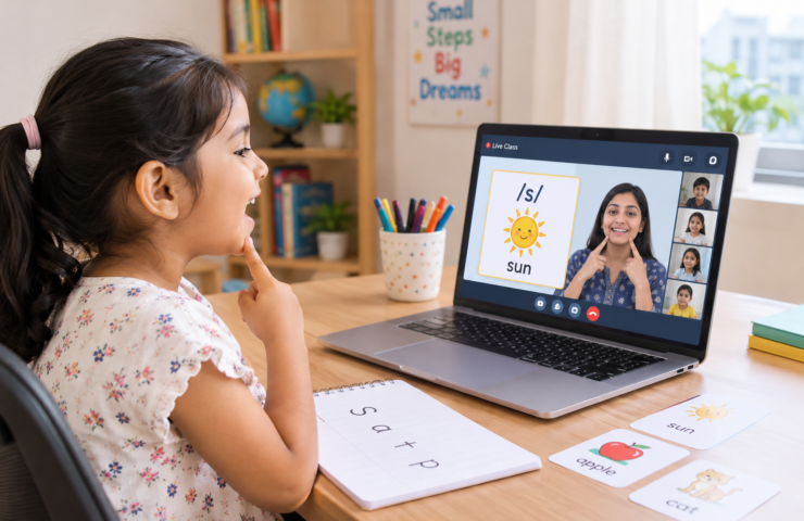 Child practicing phonics sounds in a live online class in India