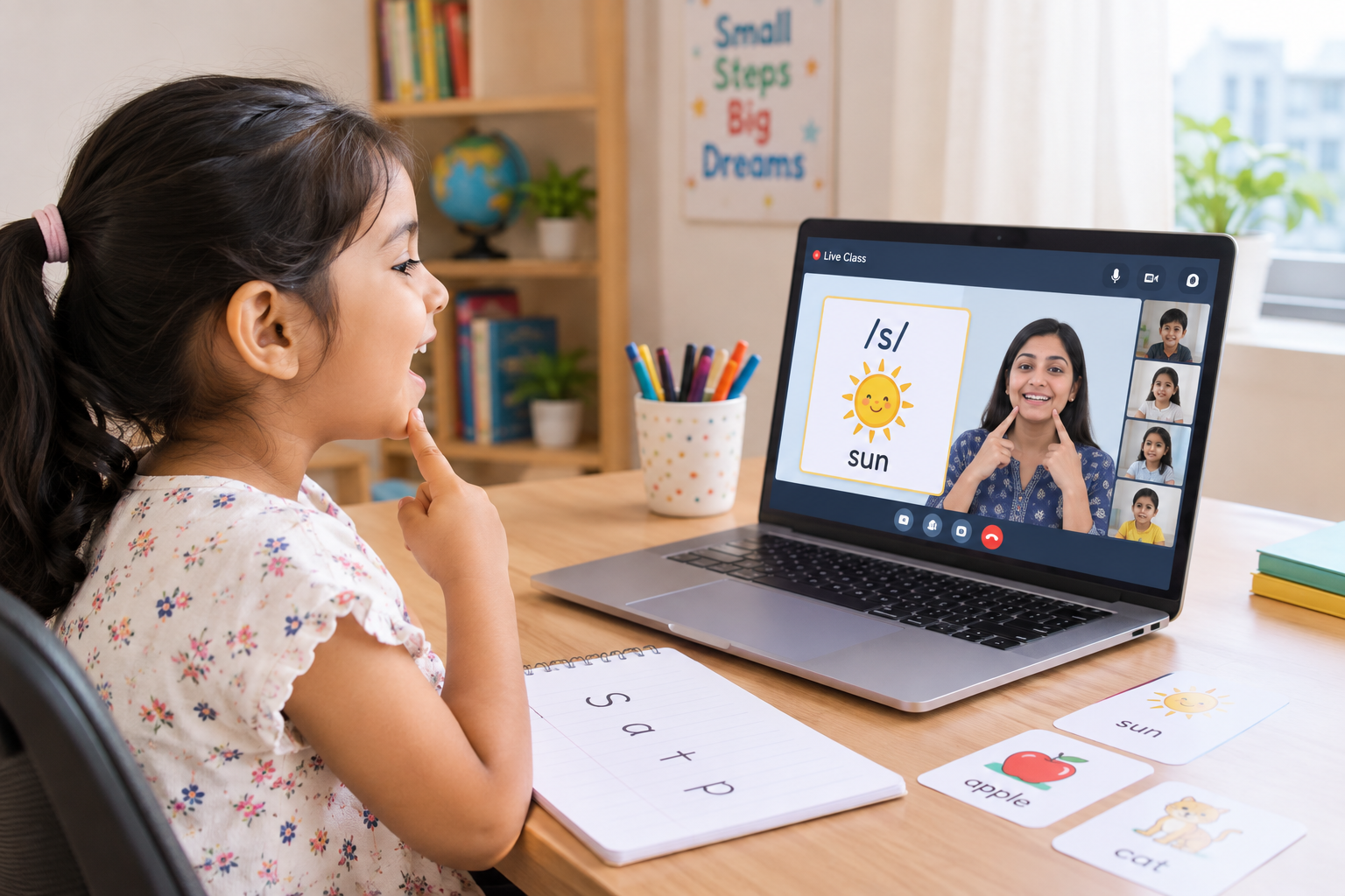 Child practicing phonics sounds in a live online class in India